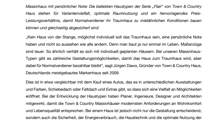 Familienleben mit Flair – Massivhäuser der Serie „Flair“ für viele Normalverdiener das Traumhaus