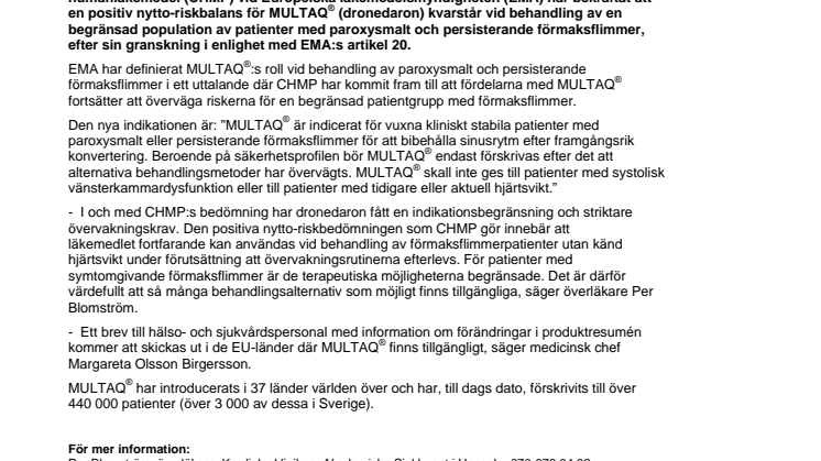 Europeiska läkemedelsmyndigheten (EMA) bekräftar positiv bedömning av nytto-riskbalansen för MULTAQ®
