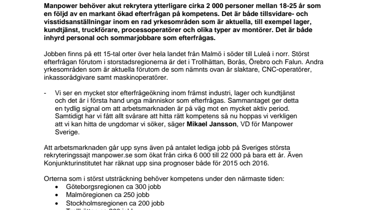 ​Manpower i stort behov av kompetens: 2 000 lediga ungdomsjobb över hela landet