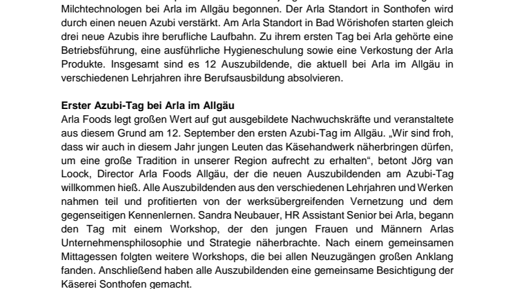 Vier neue Auszubildende starten bei Arla im Allgäu ins Berufsleben