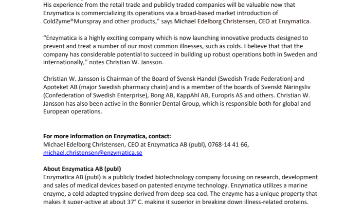 Christian W. Jansson is proposed as the new Chairman of the Board of Enzymatica