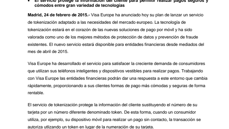 Visa Europe lanza un servicio de tokenización para posibilitar la llegada de la nueva generación de pagos seguros 