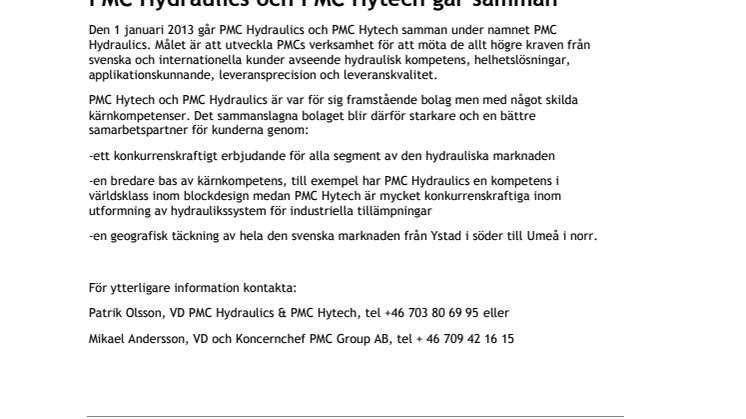 PMC Hydraulics och PMC Hytech går samman 