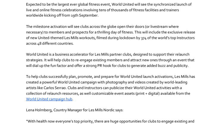 WORLD UNITED: GLOBAL FITNESS EVENT TO TURBOCHARGE INDUSTRY’S RELAUNCH