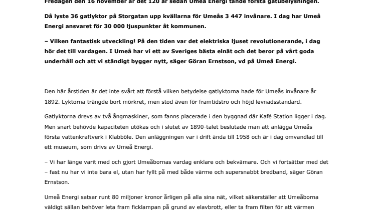 120 år sedan Umeå Energi tände första gatlyktan i Umeå