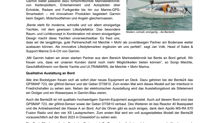PM CH Garmin Zusammenarbeit Bente Yacht