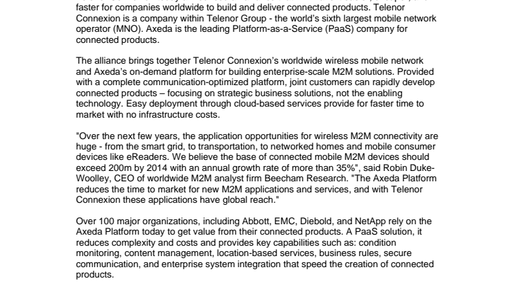 Axeda and Telenor Connexion join forces to provide global M2M solutions 