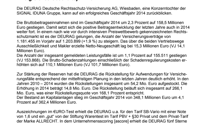 DEURAG Deutsche Rechtsschutz-Versicherung AG: Erfolgreiches Geschäftsjahr 2014