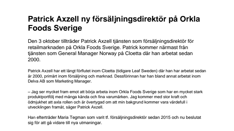 ​​​​​​​Patrick Axzell ny försäljningsdirektör på Orkla Foods Sverige