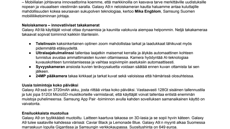 Samsung Galaxy A9 – ensimmäinen neljän takakameran älypuhelin