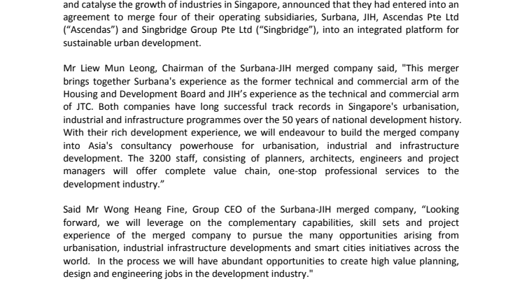 Merger between Surbana International and Jurong International Completed