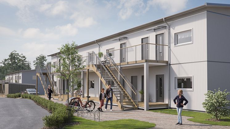 Illustration av entrésida i det nya kvarteret BoKlok Lillgården i Mariefred. 