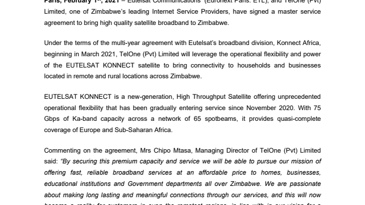 Eutelsat and TelOne (Pvt) Limited sign multi-service agreement to bring high quality broadband connectivity to Zimbabwe 
