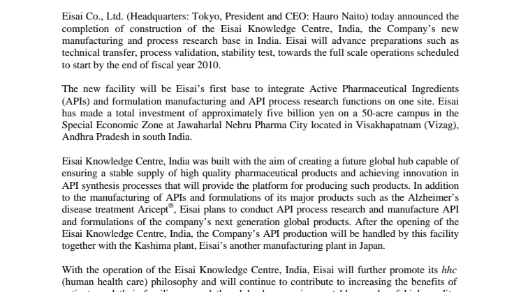 EISAI OPENS NEW MANUFACTURING AND PROCESS RESEARCH BASE IN INDIA