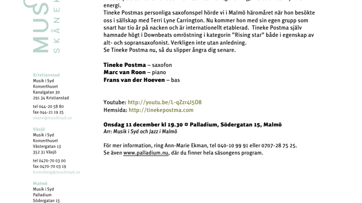 Tineke Postma Trio på Palladium i Malmö 11 december