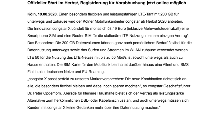 congstar X – Neue 2 in 1 Mobilfunk-Kombi mit 200 GB für unterwegs und zuhause