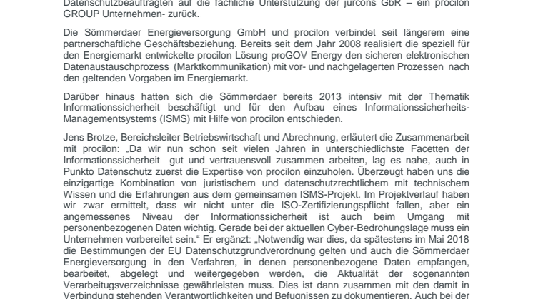 Sömmerdaer Energieversorgung GmbH vertraut auch beim Datenschutz auf Kompetenz von procilon