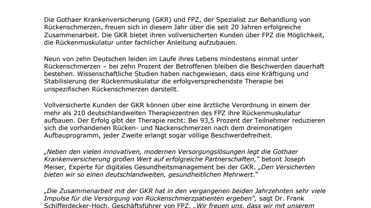 Gothaer Krankenversicherung und FPZ feiern 20 Jahre Kooperation
