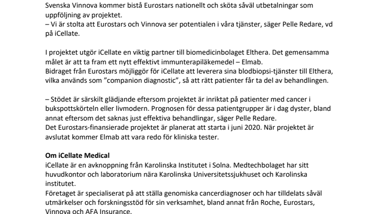 iCellate och Elthera tilldelas 25 Mkr från Eurostars för companion diagnostics-utveckling