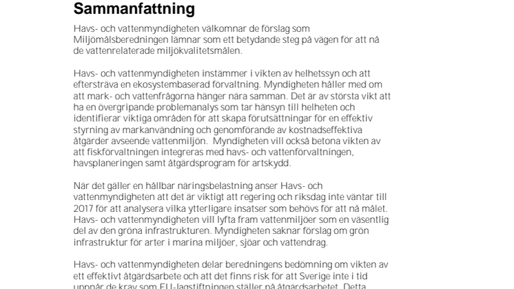 HaV:s yttrande över delbetänkande SOU 2014:50 "Med miljömålen i fokus"