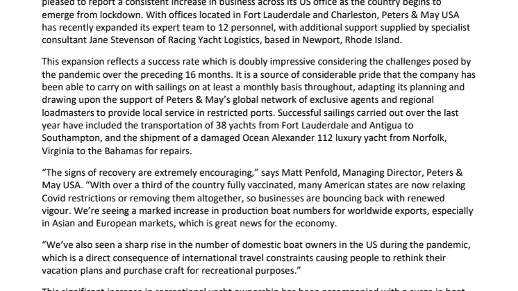 Business is building for Peters & May USA as national and global markets re-open