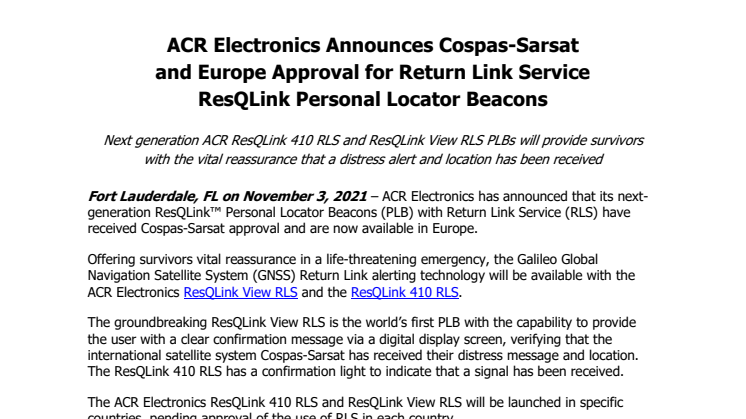 November 2021 - ACR Electronics Announces Cospas-Sarsat and Europe Approval for Return Link Service ResQLink PLBs.pdf