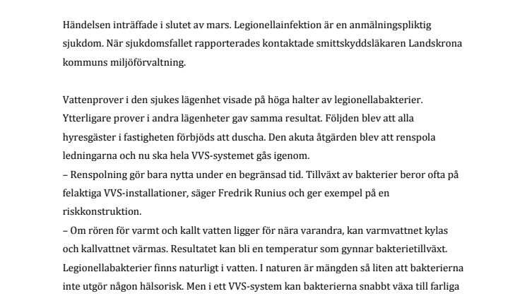 Hyresgäster klagade på kallt varmvatten - en insjuknade i legionella 