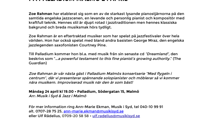 Med flygeln i centrum – Zoe Rahman på Palladium Malmö 24 april
