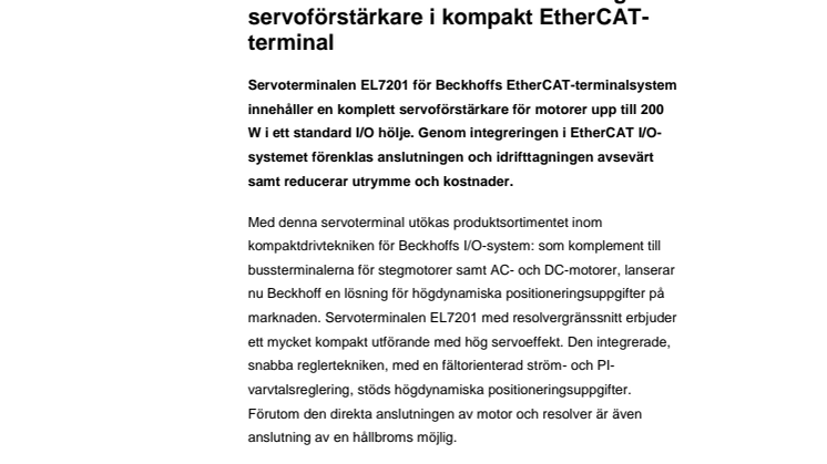 Fullvärdig servoförstärkare i kompakt EtherCAT-terminal från Beckhoff