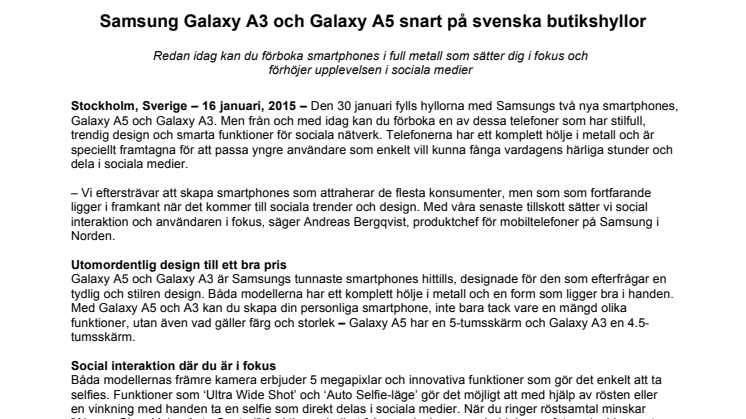 ​Samsung Galaxy A3 och Galaxy A5 snart på svenska butikshyllor