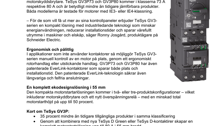 Schneider Electric lanserar två nya kompakta motorskyddsbrytare upp till 37 kW