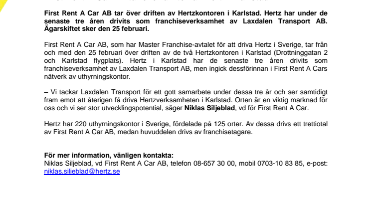 First Rent A Car AB tar över driften av Hertz i Karlstad