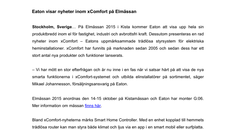 ​Eaton visar nyheter inom xComfort på Elmässan
