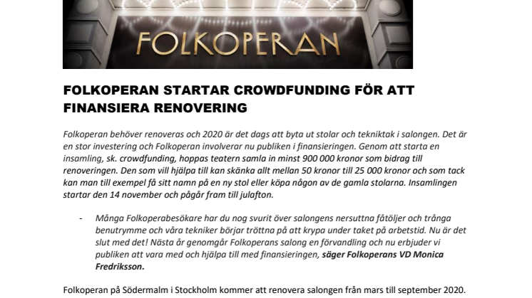 ​Folkoperan startar crowdfunding för att finansiera renovering