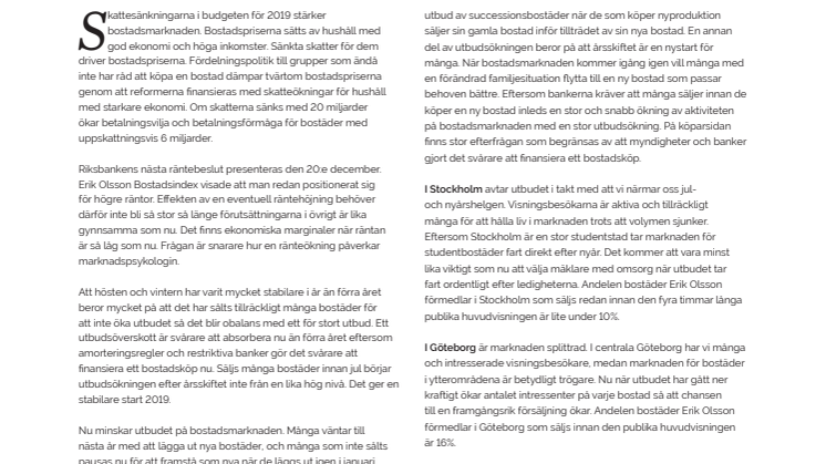 Erik Olsson Fastighetsförmedling kommenterar bostadsmarknaden 14 december 2018