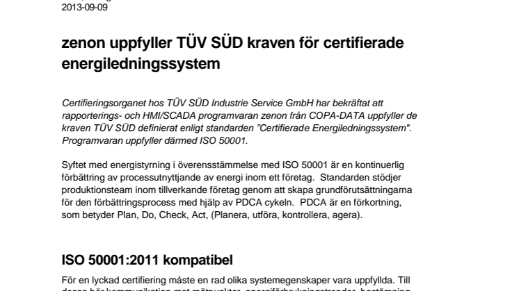  zenon uppfyller TÜV SÜD kraven för certifierade energiledningssystem