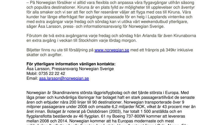 Norwegian satsar på fler flygavgångar mellan Stockholm och Kiruna 