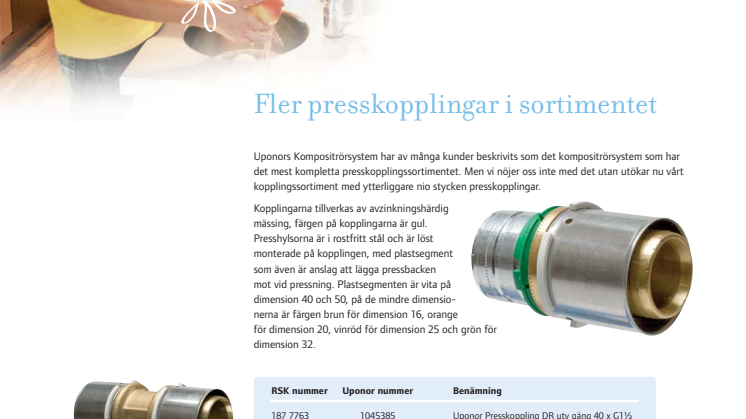 Fler presskopplingar i sortimentet för Uponors Kompositrörsystem 