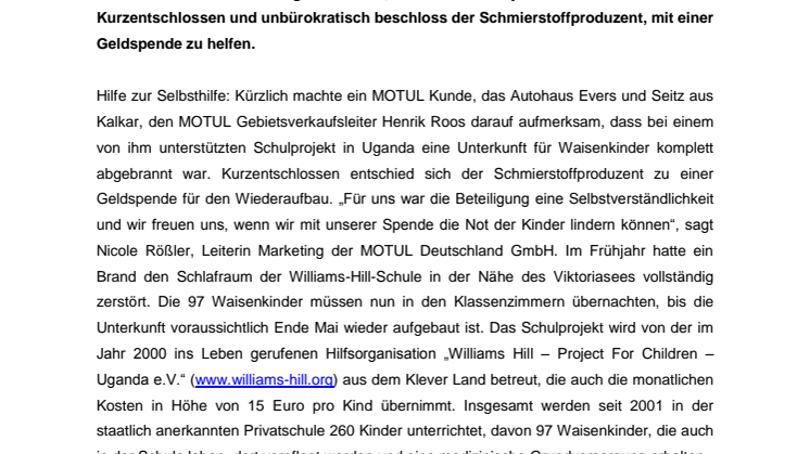 MOTUL leistet Soforthilfe - Spende für abgebranntes Waisenhaus in Uganda