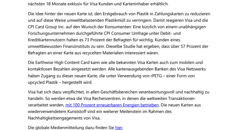 Visa und CPI Card Group bieten ab sofort Karte aus recyceltem Kunststoff an