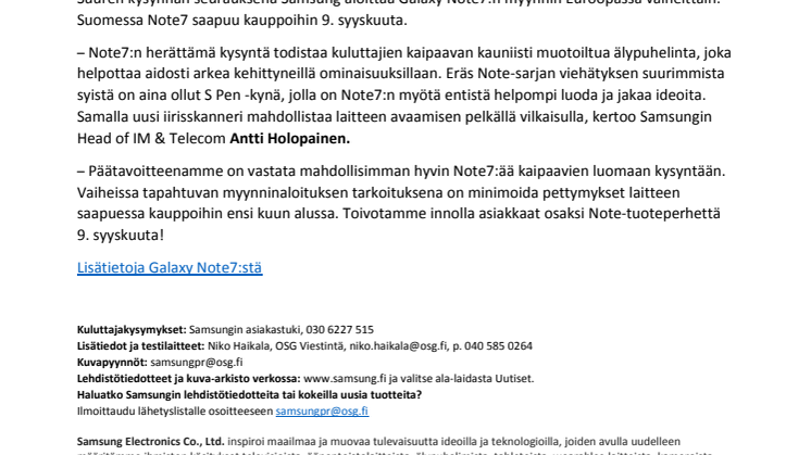 Galaxy Note7:n kysyntä nousi ennennäkemättömälle tasolle