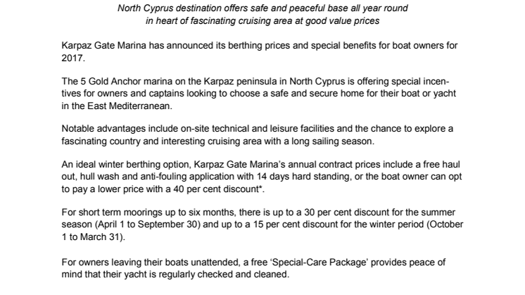 London Boat Show - Karpaz Gate Marina: Karpaz Gate Marina Announces 2017 Berthing Benefits and Offers at London Boat Show