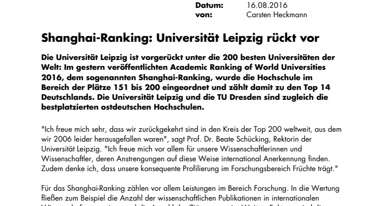 Shanghai Ranking: Universität Leipzig rückt vor