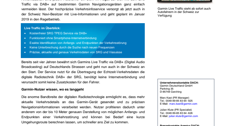 Startklar: Garmin Live Traffic, Verkehrsinformationen in Echtzeit via DAB+ in der Schweiz