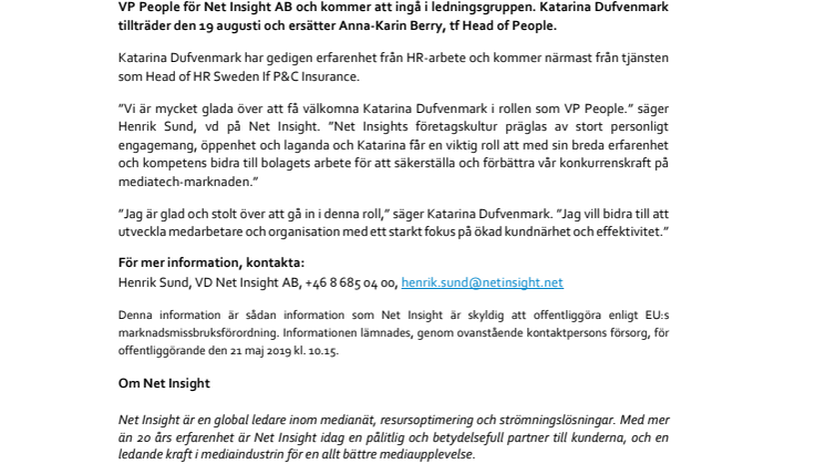 Net Insight utser ny VP People