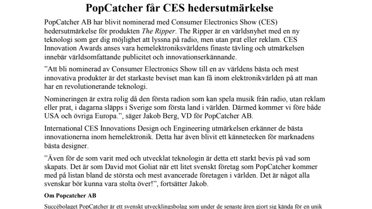 PopCatcher nomineras för bästa produkt i världen