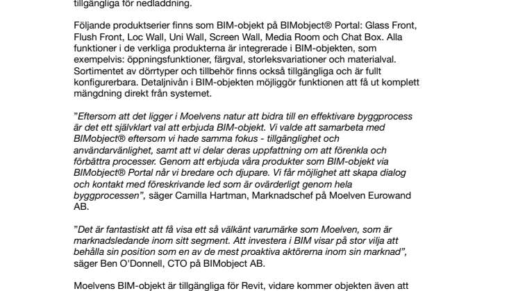 Moelven lanserar högkvalitativa BIM-objekt utvecklade av BIMobject®