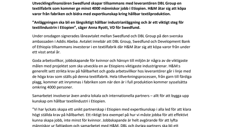 Swedfund, H&M och DBL Group skapar 4000 jobb i Etiopien