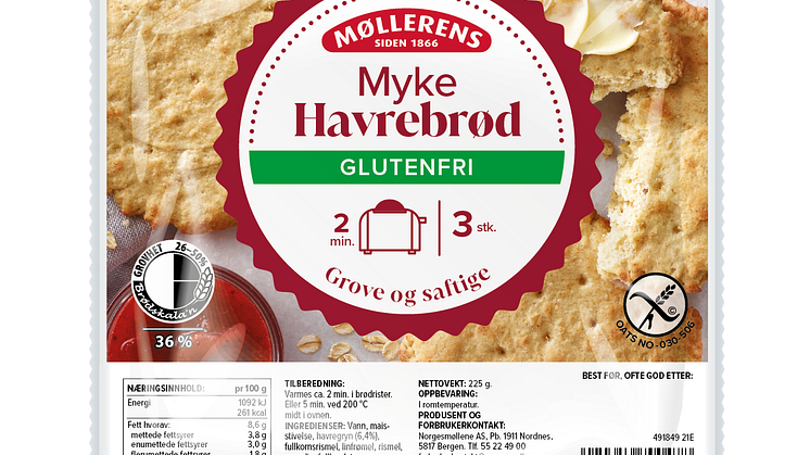 Møllerens Glutenfrie Myke Havrebrød, pakning