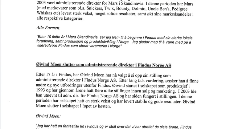 Ny administrerende direktør i Findus Norge AS